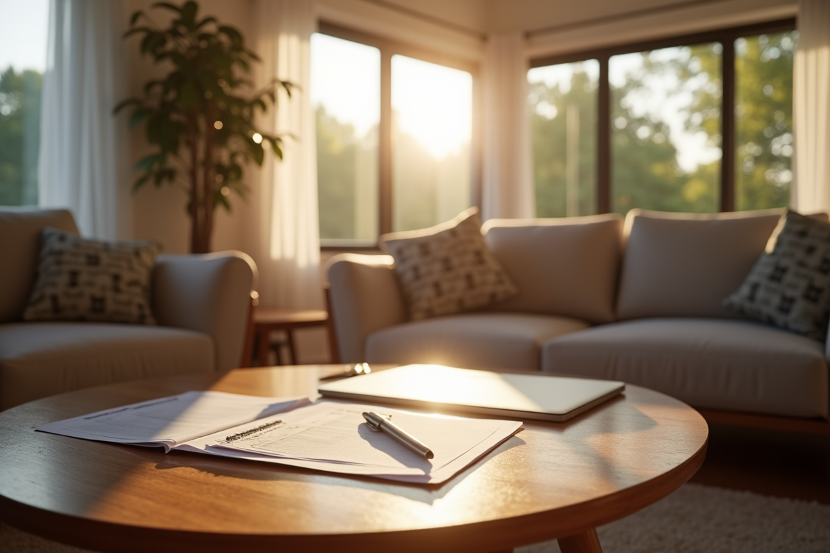 Salon cosy avec papiers et ordinateur pour calcul des taxes