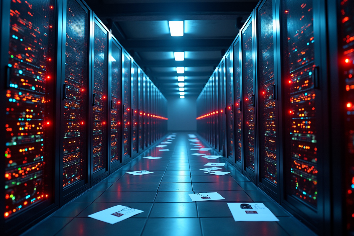 Salle serveurs avec câbles et codes colorés sur les surfaces