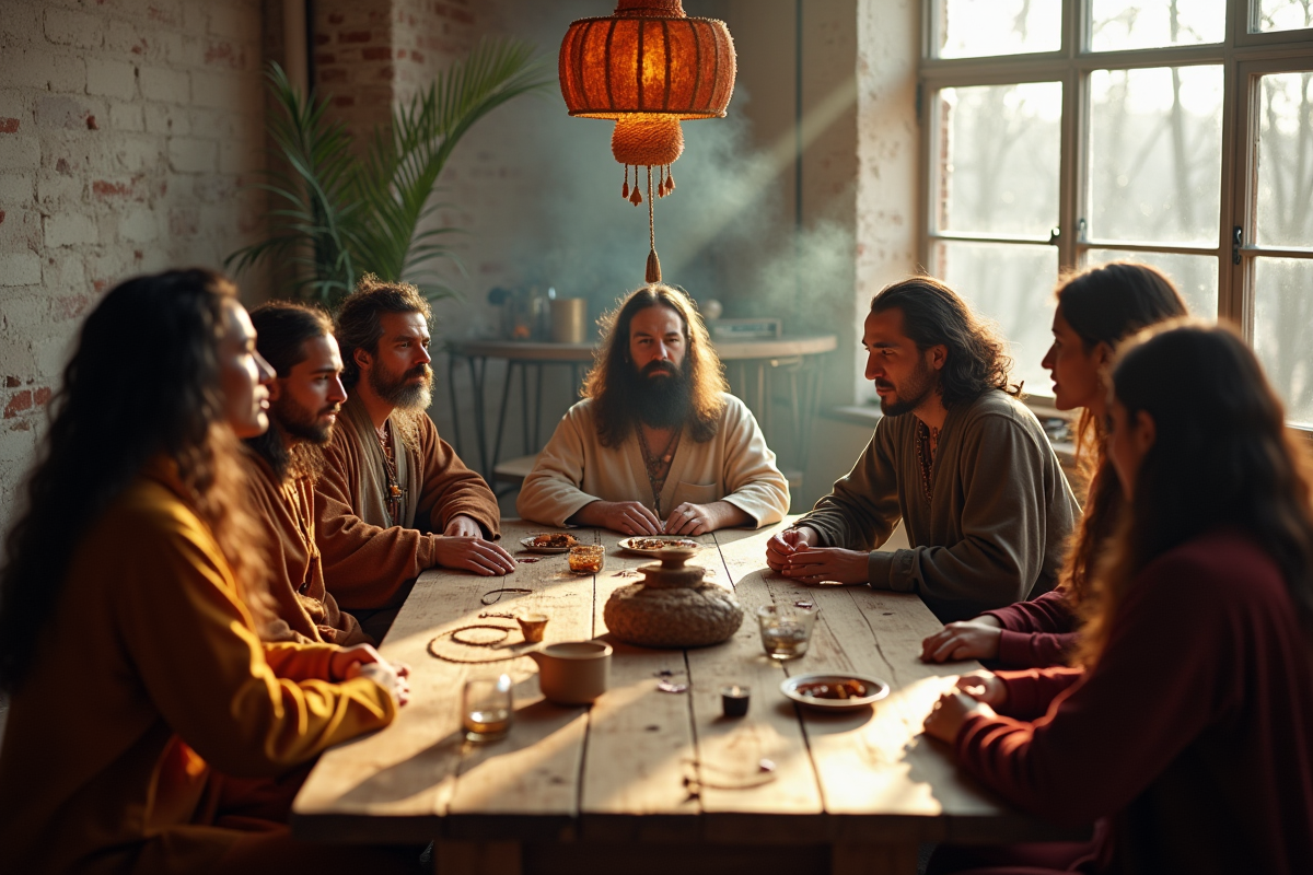 Groupe de shamans modernes en discussion en loft urbain