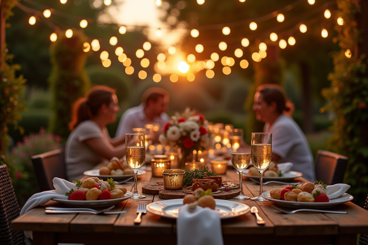 Table extérieure décorée au coucher du soleil avec ambiance festive