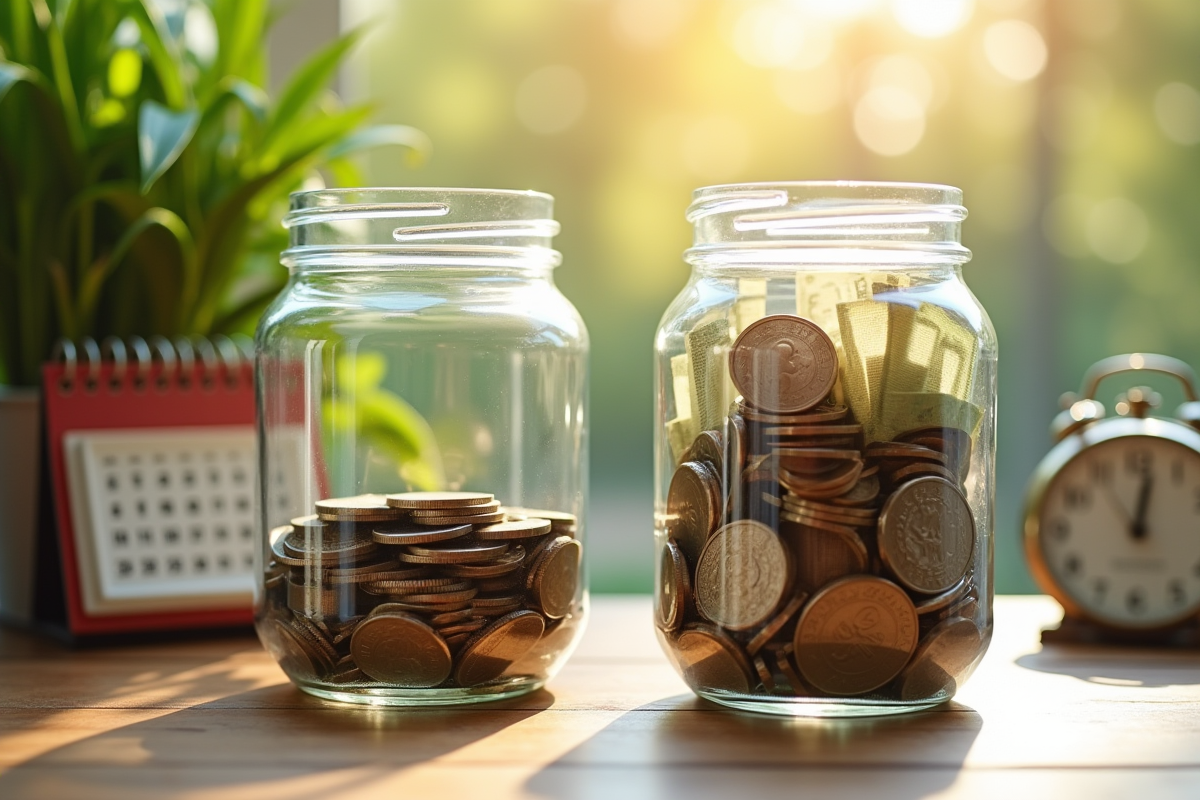Tasses avec pièces et billets sur une table en bois ensoleillée