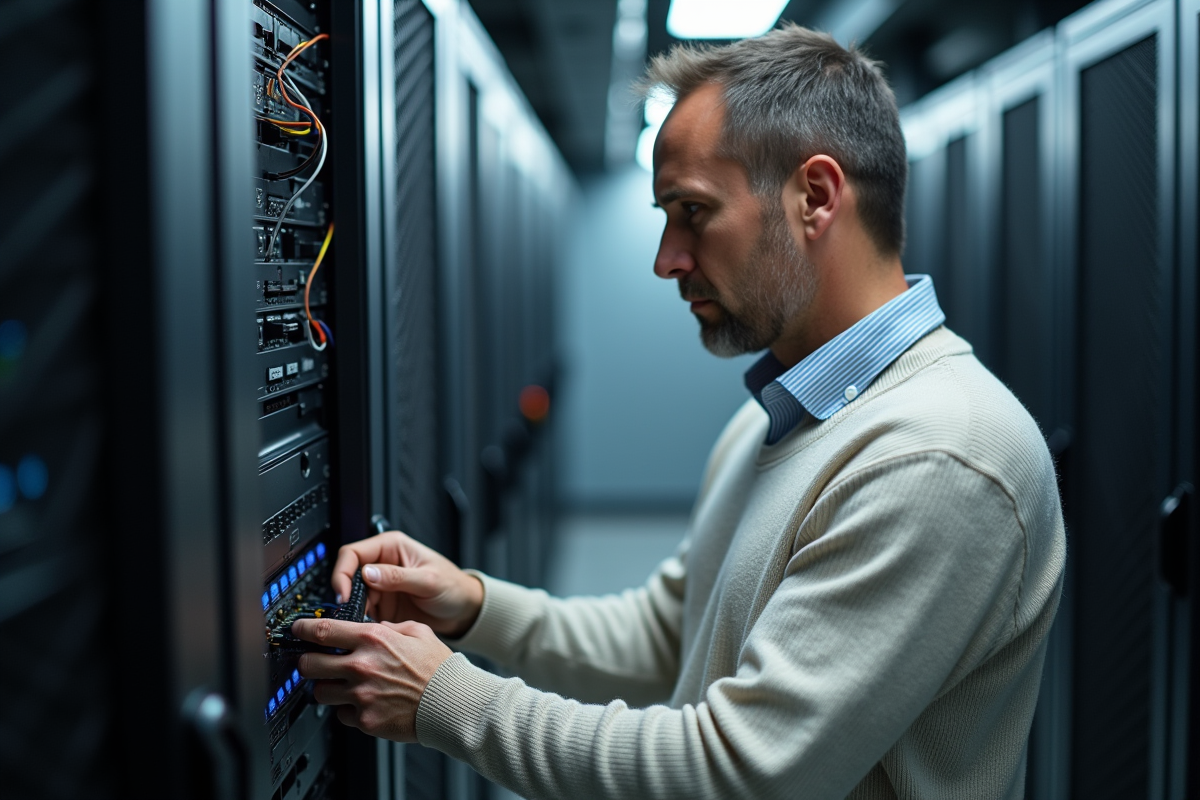 Homme connectant un câble réseau dans une salle serveurs professionnelle