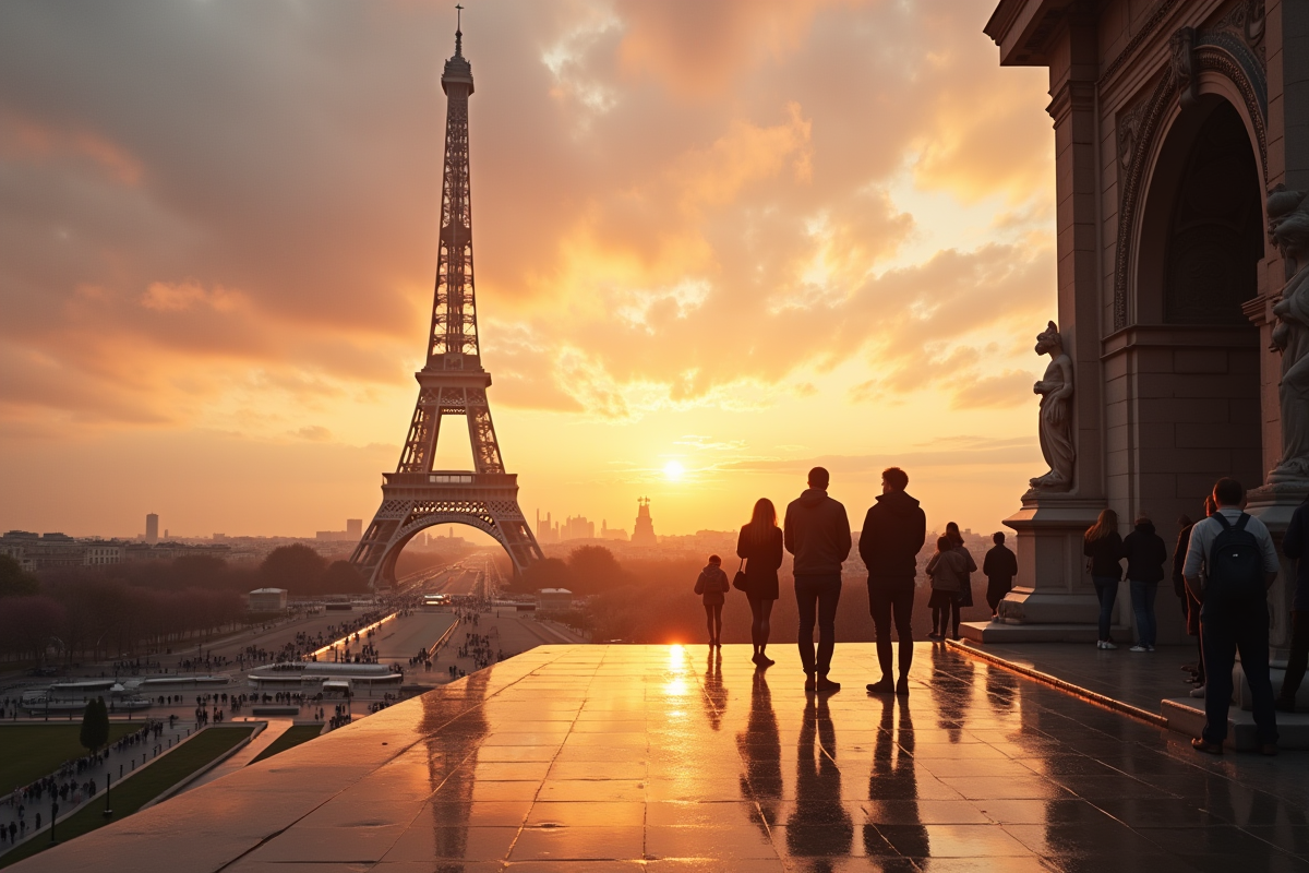 Tour Eiffel au matin avec reflet sur sol mouille apres pluie