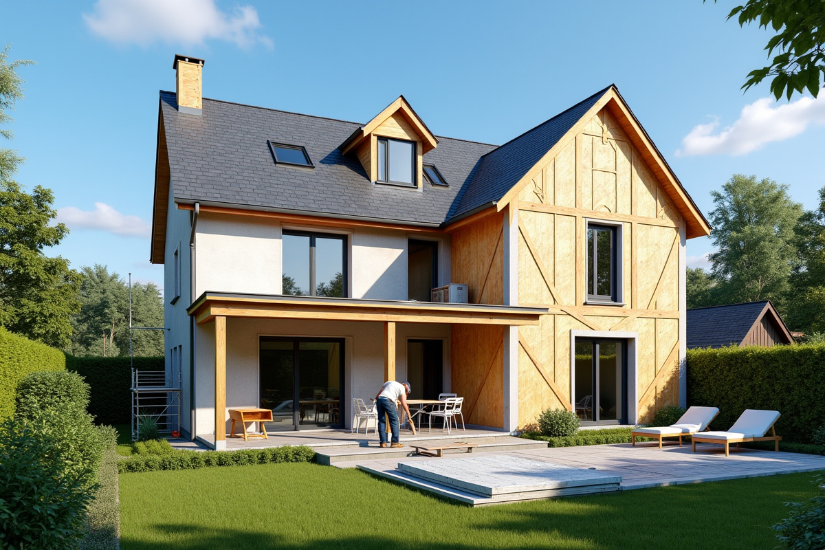 Travailleurs installant isolation et fenêtres modernes sur maison