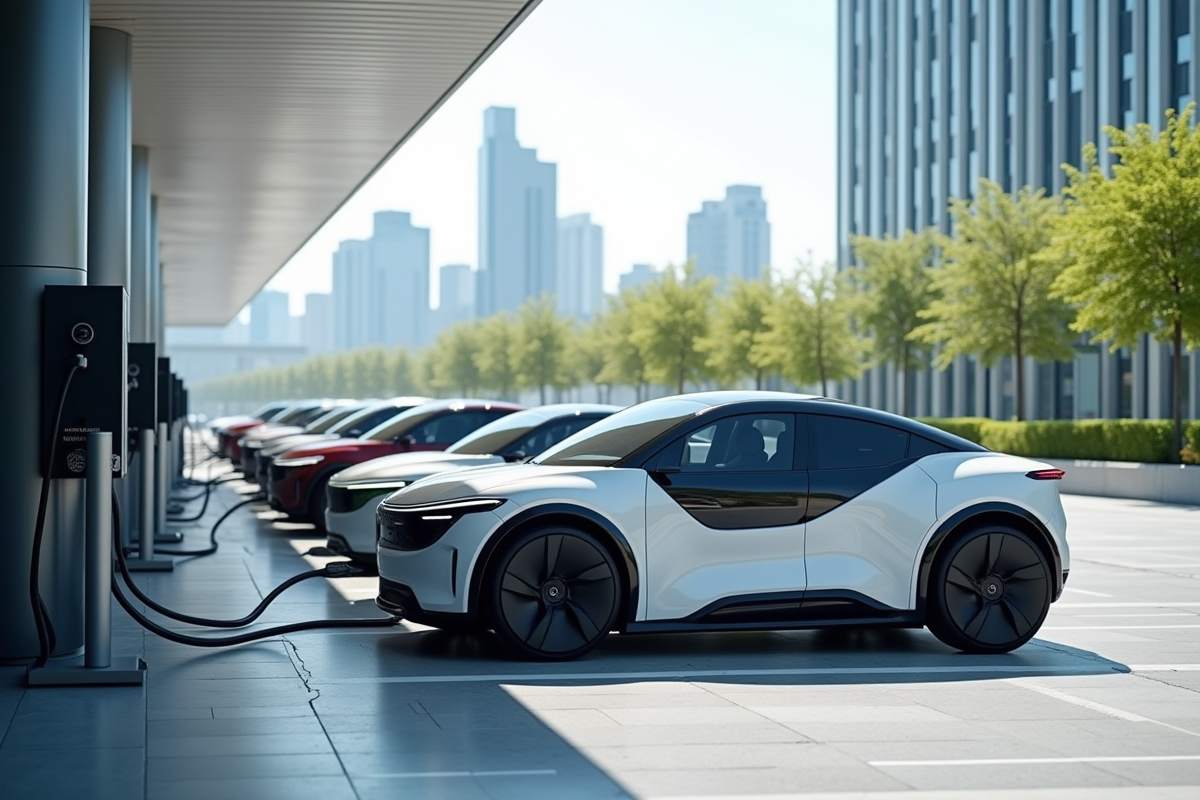 Plusieurs voitures électriques en charge à une station urbaine futuriste